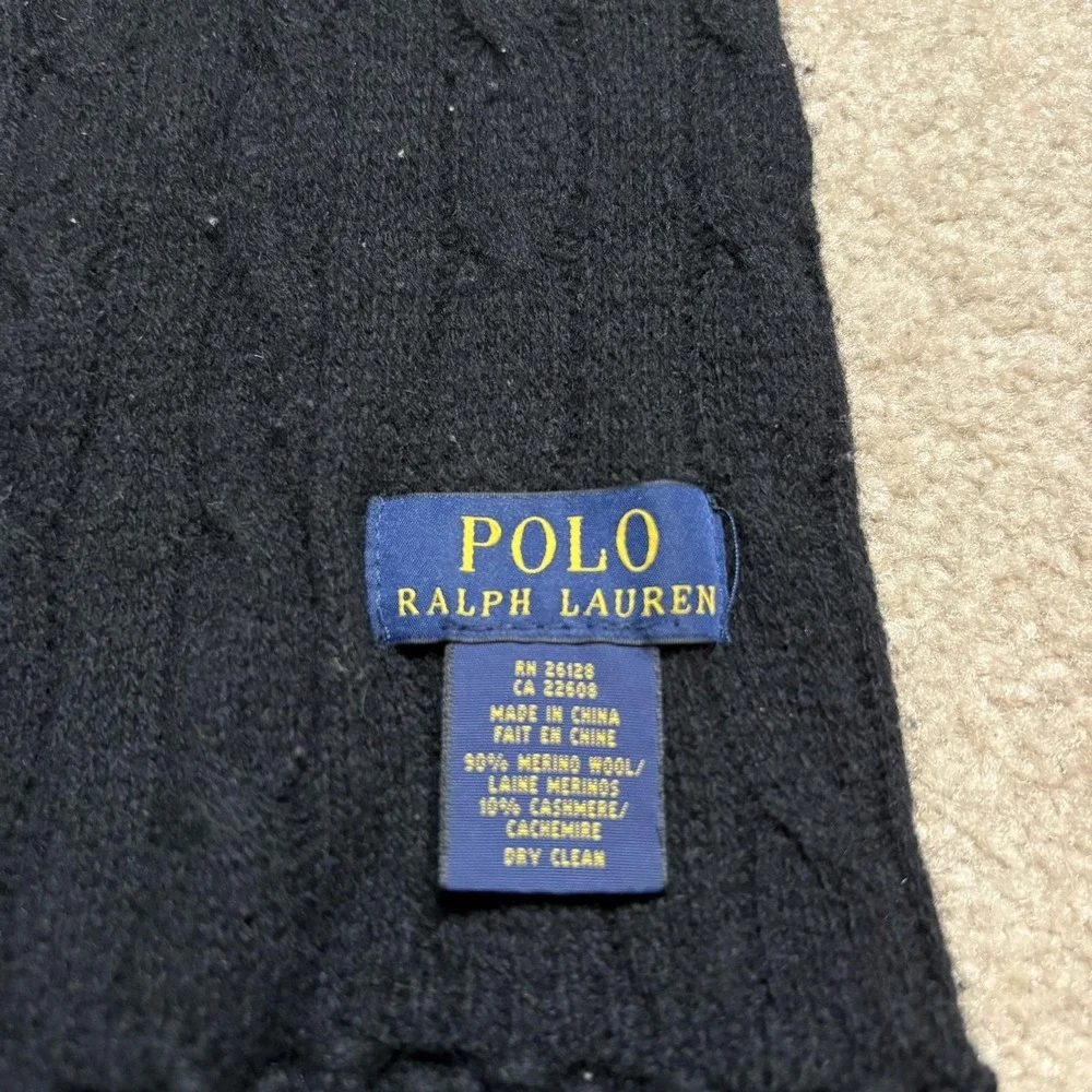 Polo Ralph Lauren Scarf One Size Black Merino Wool Cashmere Cable Knit Fringe